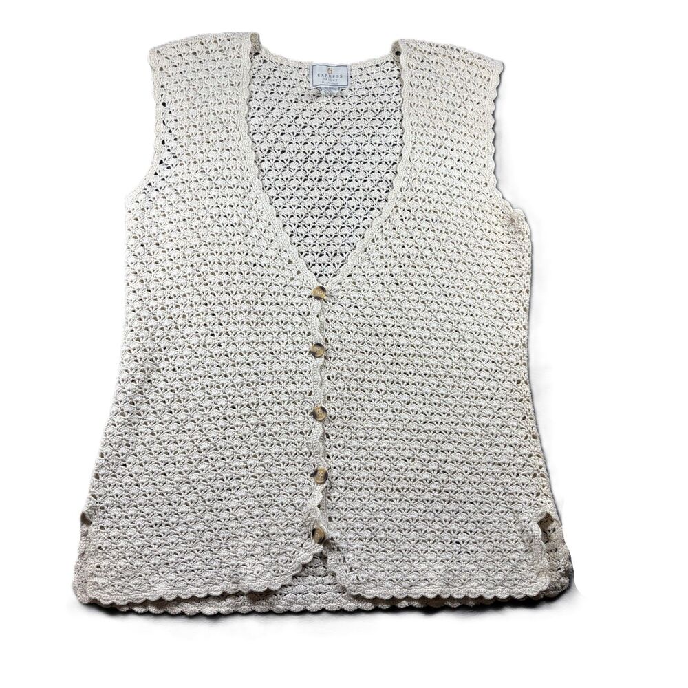 Express Tricot Women Crochet Vest Vintage Y2K Preppy Boho Ivory Size Large Q206